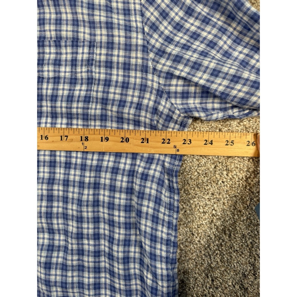 J Mclaughlin Shirt Mens‎ 100% Linnen Plaid Button Up Long Sleeve Pocket Blue - Picture 5 of 8